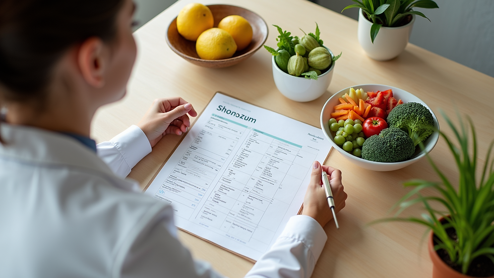 High angle view of a nutritionist's desk with diet plans and food models