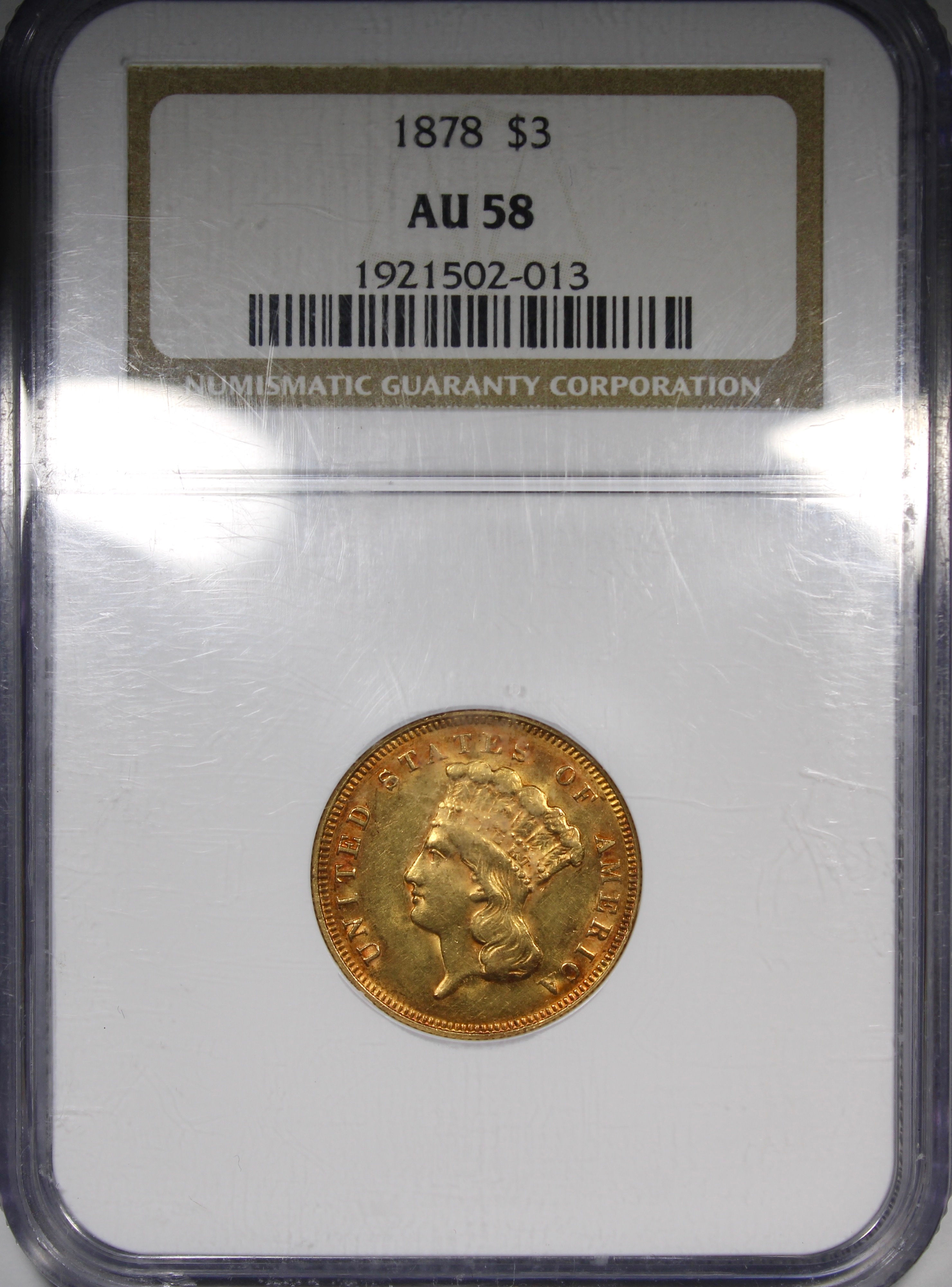 1878 $3 Gold Indian Princess NGC AU58
