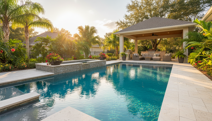 Wide-angle view of a modern Central Florida pool beside a covered patio.