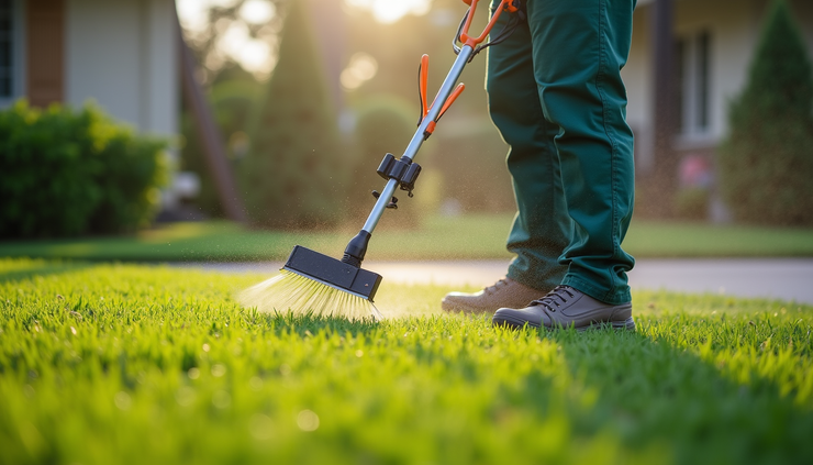 Close-up view of a technician applying fertilizer to a healthy lawn in Orlando