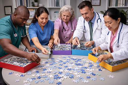 A group of healthcare workers trying to complete a jigsaw puzzle, while drawing their pieces from different boxes.