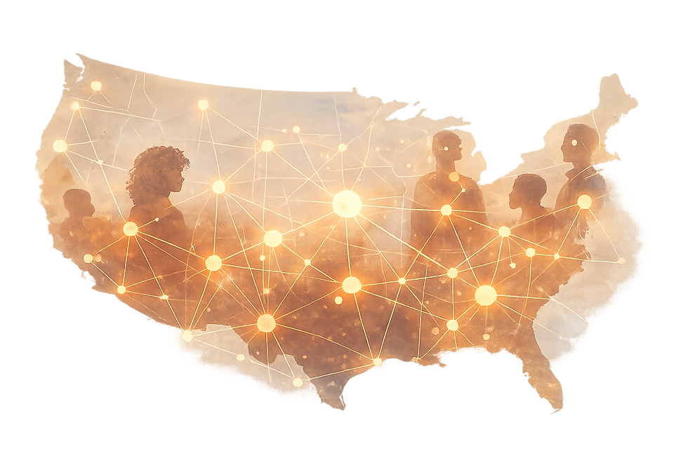 A warm-toned illustration of the United States rendered in soft watercolor hues with a tra