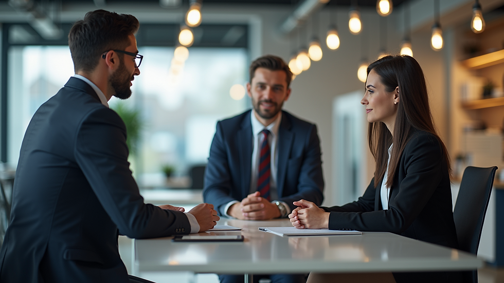 Eye-level view of a sales representative engaging with a potential customer