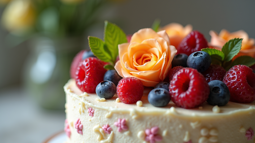 Close-up view of a beautifully decorated cake with fresh fruits and flowers
