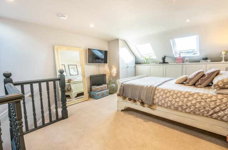 Internal view of a loft conversion with an L-shaped rear dormer with a flat roof