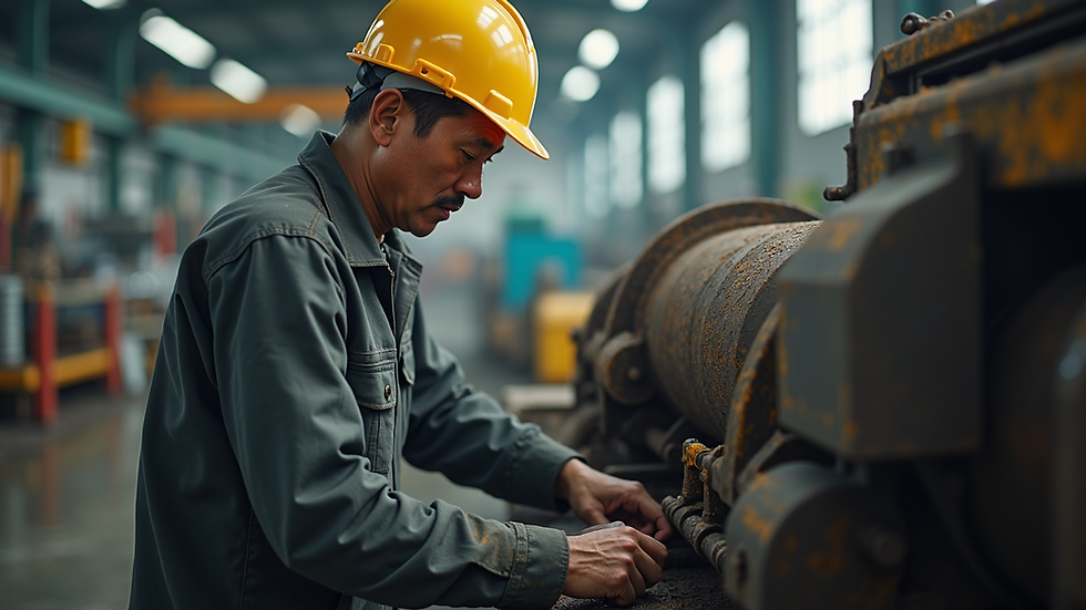 Nahaufnahme eines vietnamesischen Arbeiters, der an einer Maschine arbeitet