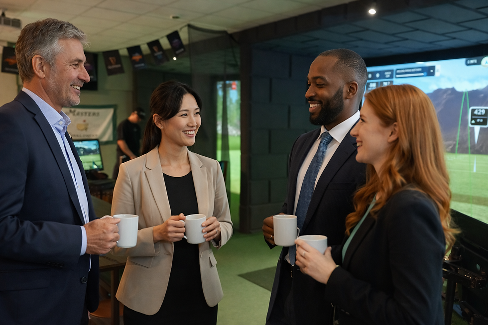 A diverse group of business people networking at a golf simulator centre called Social Sticks