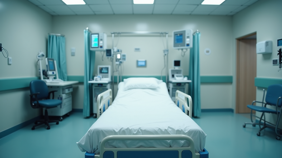 Eye-level view of a hospital room with medical equipment and a patient bed