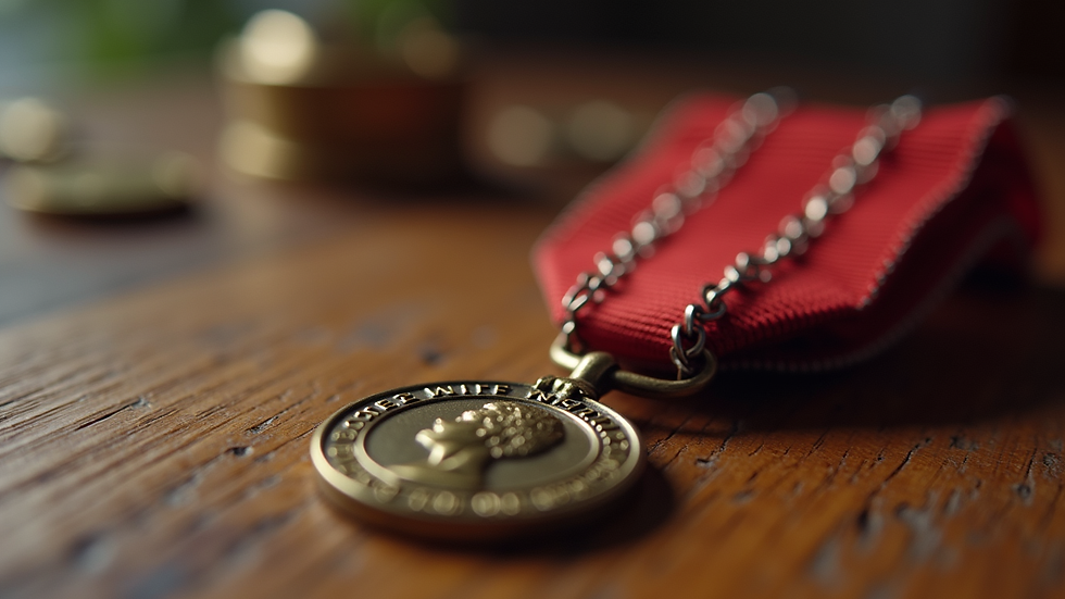 Close-up view of a veteran’s medal displayed on a wooden table