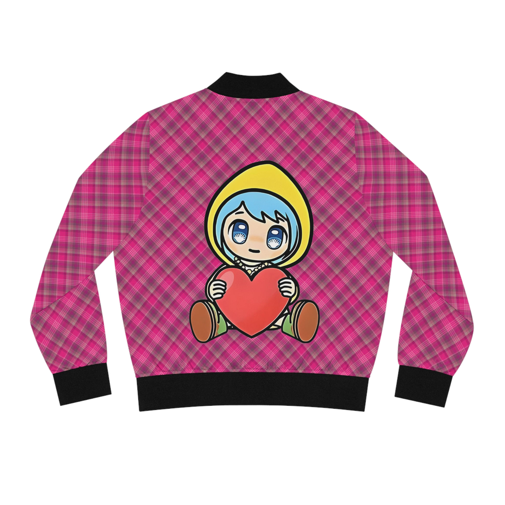 Women's Luce holding a Heart Catholic Christian Pink Plaid Printed Bomber Jacket