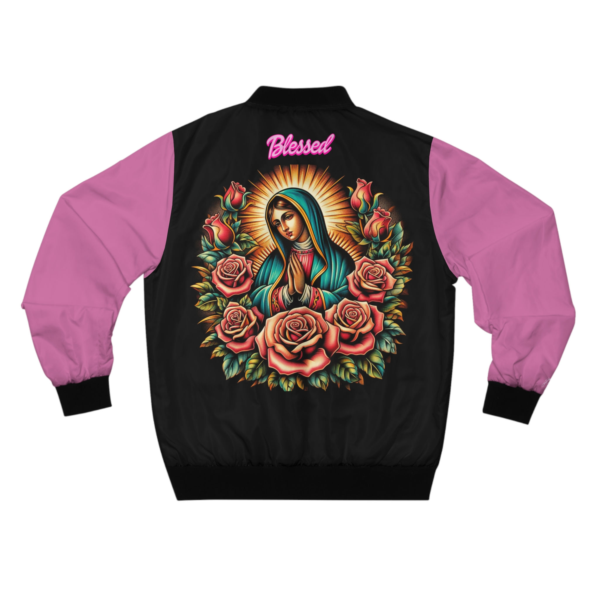 Men's Blessed Virgin Mary Pink and Black Catholic Christian Bomber Jacket