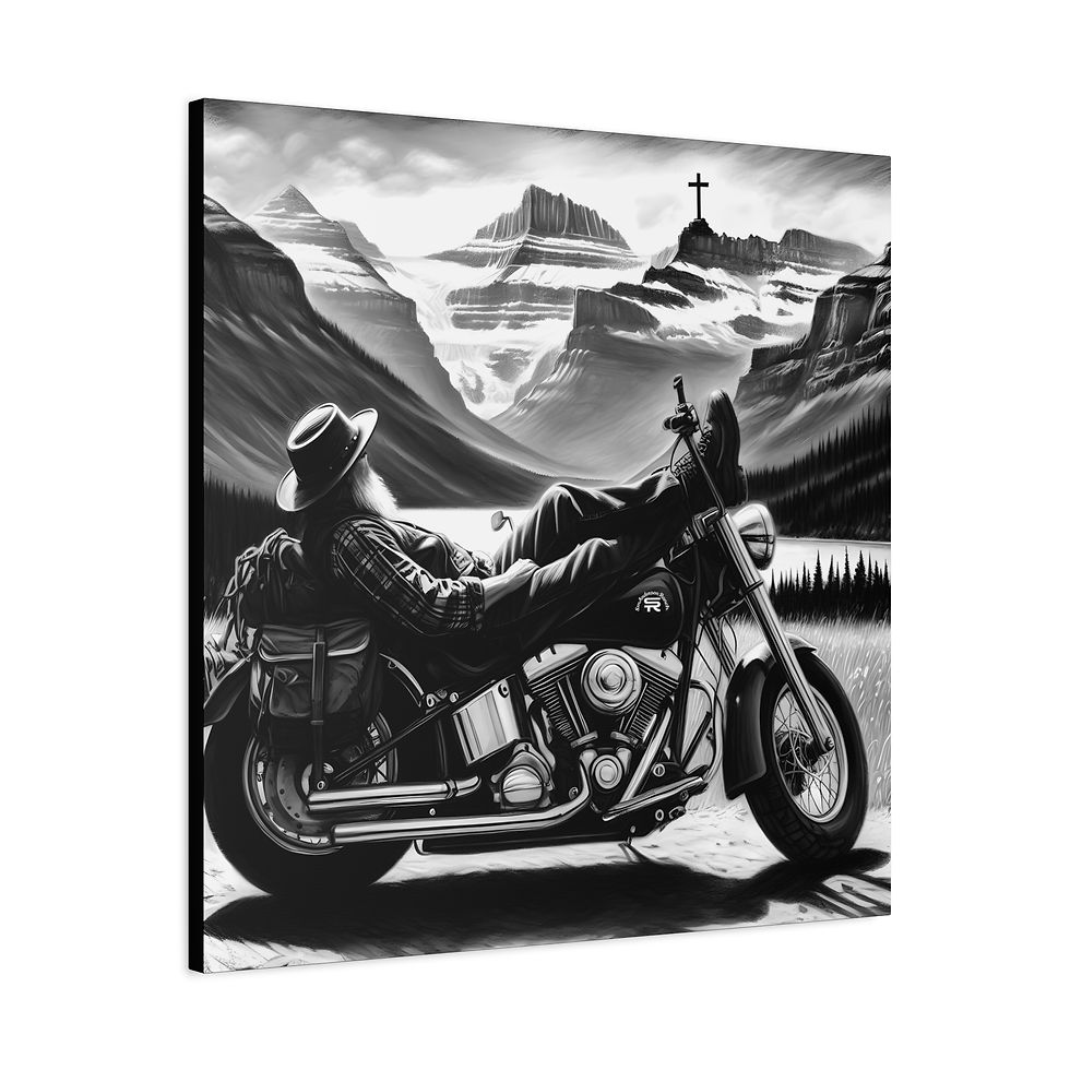 Thumbnail: Matte Canvas, Old biker laying on Motorcycle, Cross matte canvas, 1.25"