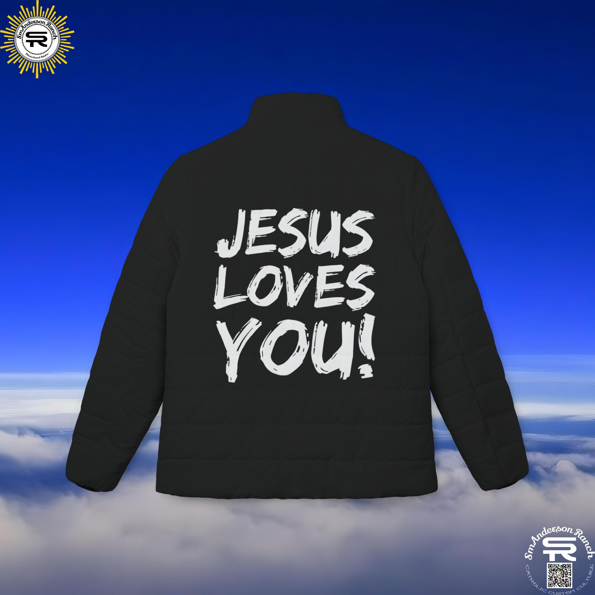 Womens Jesus Loves You, Catholic Christian Religious Puffer Jacket