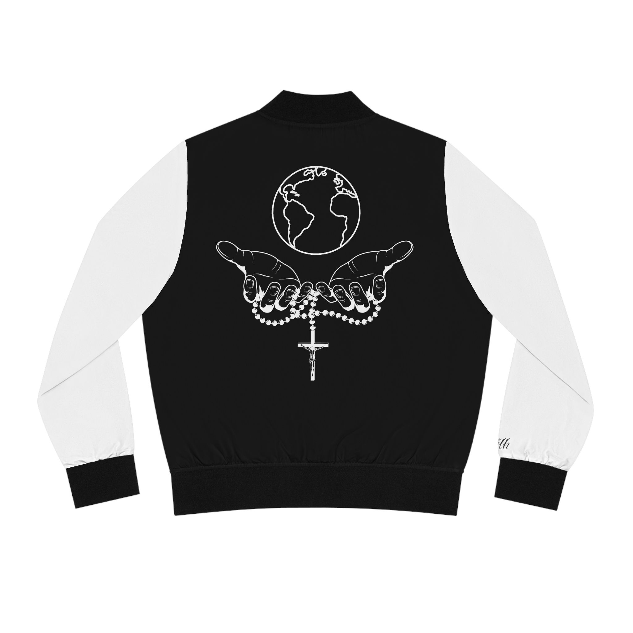Woman's Whole World in His Hands, Pray Rosary Catholic Christian Bomber Jacket