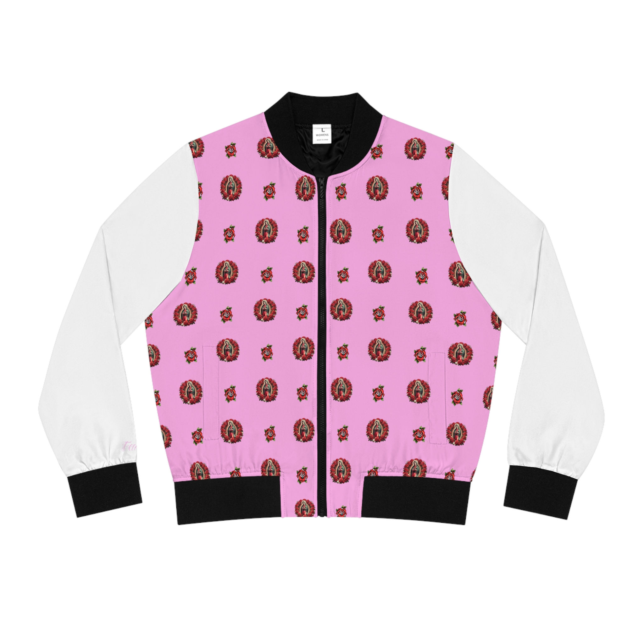 Women's Our Lady of Guadalupe and roses Catholic Christian Bomber Jacket
