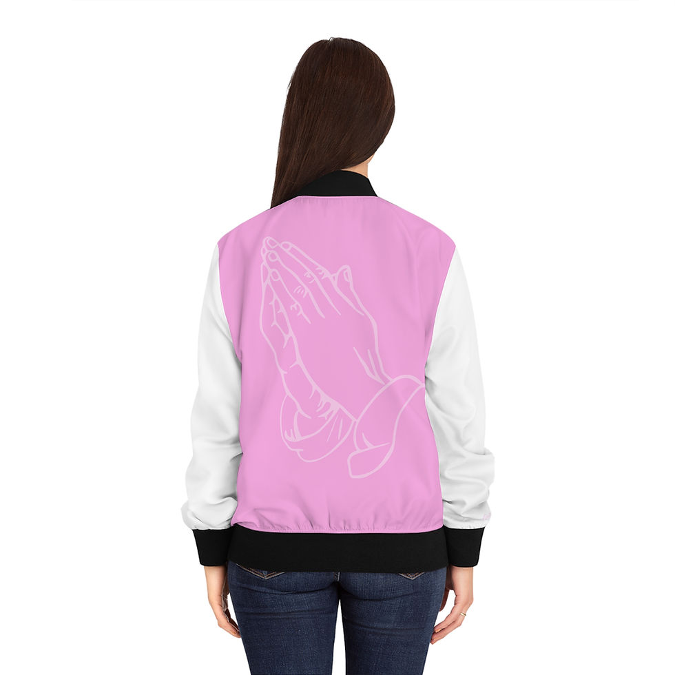 Thumbnail: Women's Pink Prayer Flamingo and Palm Trees Catholic Christian Bomber Jacket