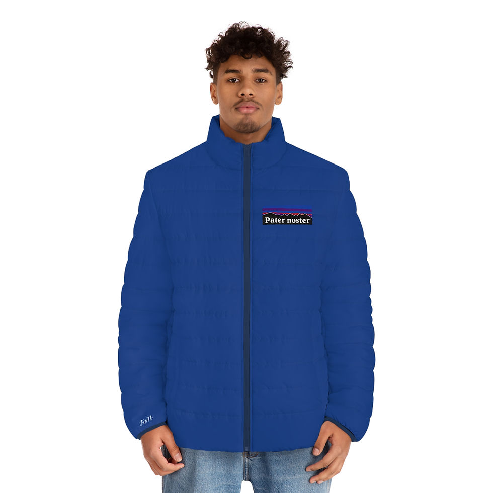 Thumbnail: Blue Poter Noster Our Father in Latin, Catholic Christian Puffer Jacket