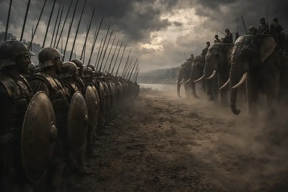 Macedonian phalanx facing King Porus’s war elephants at the Battle of Hydaspes, 326 BCE.