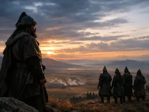 Genghis Khan with his generals on the Mongolian steppe at dawn.