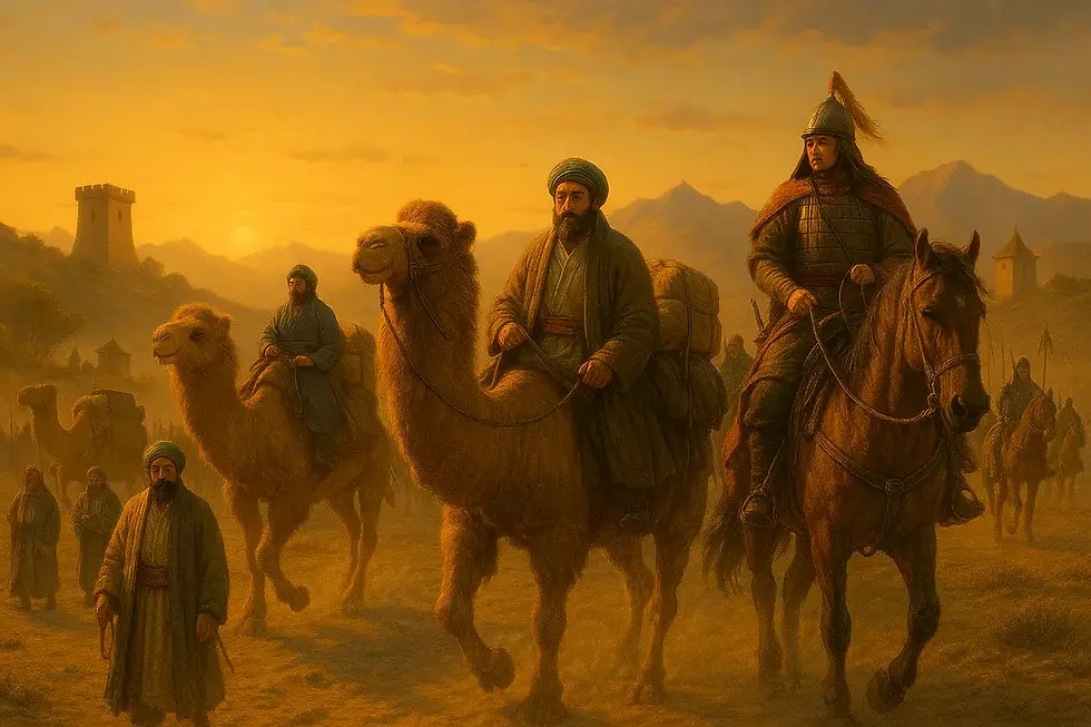 A caravan traveling the Silk Road under Mongol rule.