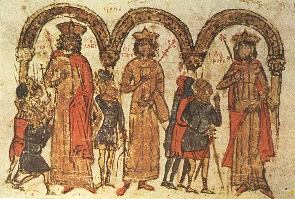 Miniature 12 from the Constantine Manasses Chronicle, 14 century: Kings Cambyses, Gyges, and Darius