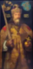 Charlemagne, by Albrecht Dürer, the anachronistic coat-of-arms above him show the German eagle and the French Fleur-de-lis.