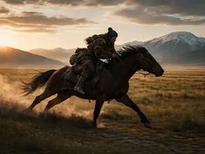 Mongol messenger on horseback crossing the steppe at sunrise.