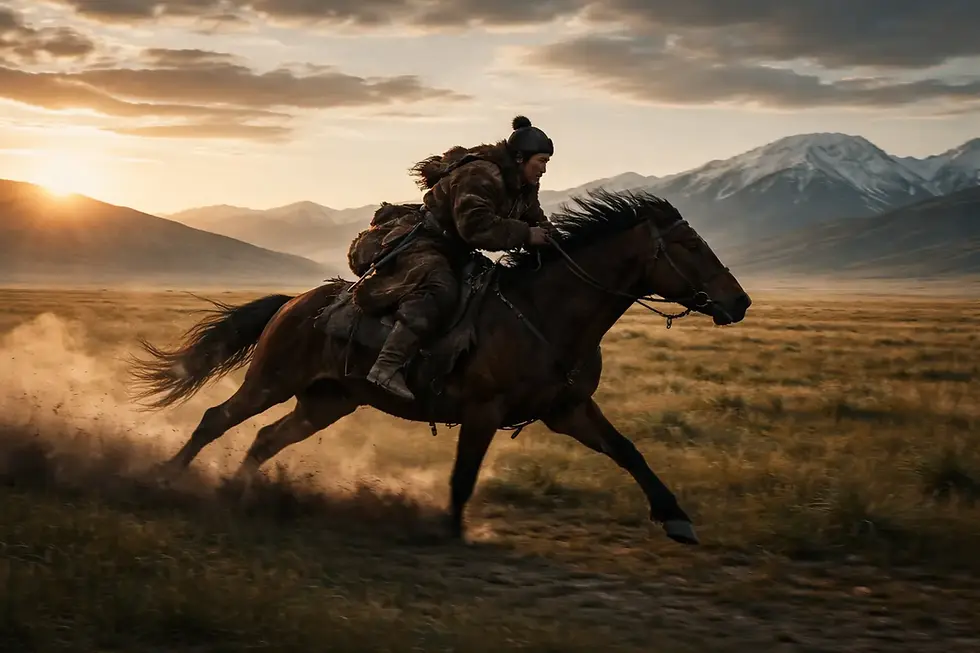 Mongol messenger on horseback crossing the steppe at sunrise.