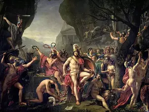 Leonidas at Thermopylae (1814), oil on canvas, 395 cm × 531 cm (12.96 ft × 17.42 ft). Louvre, Paris