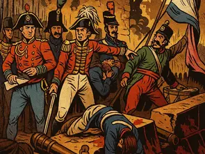 British commander Arthur Wellesley overseeing the removal of the French flag after his forces retook Ciudad Rodrigo, Spain, in 1812, during the Peninsular War.