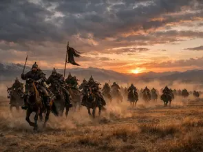Mongol horsemen of the thirteenth century moving across the steppe—a symbol of the military power and mobility of the Mongol Empire’s army.