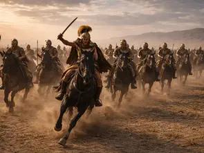 Alexander the Great leading a cavalry charge at Gaugamela to break the Persian line.