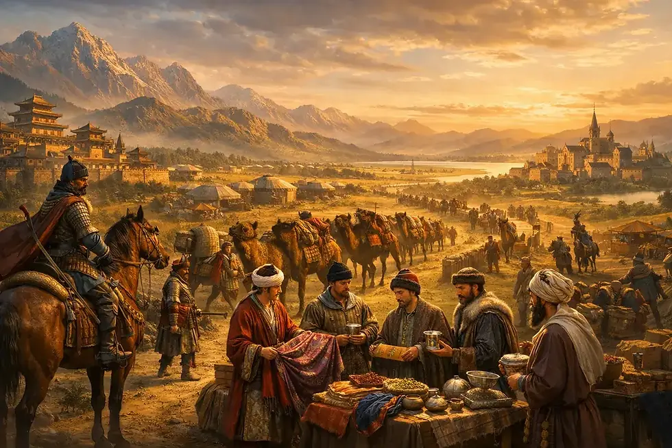 The Mongol Empire Silk Road trade connecting Asia and Europe.