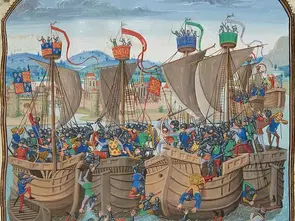 Battle of Sluys, A miniature of the battle from Jean Froissart's Chronicles, 15th century.