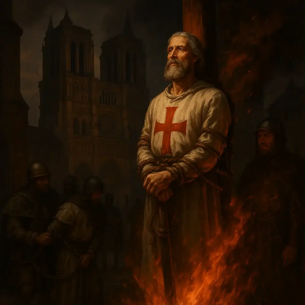 Jacques de Molay, last Grand Master of the Templars, facing execution in Paris as flames rise around him.