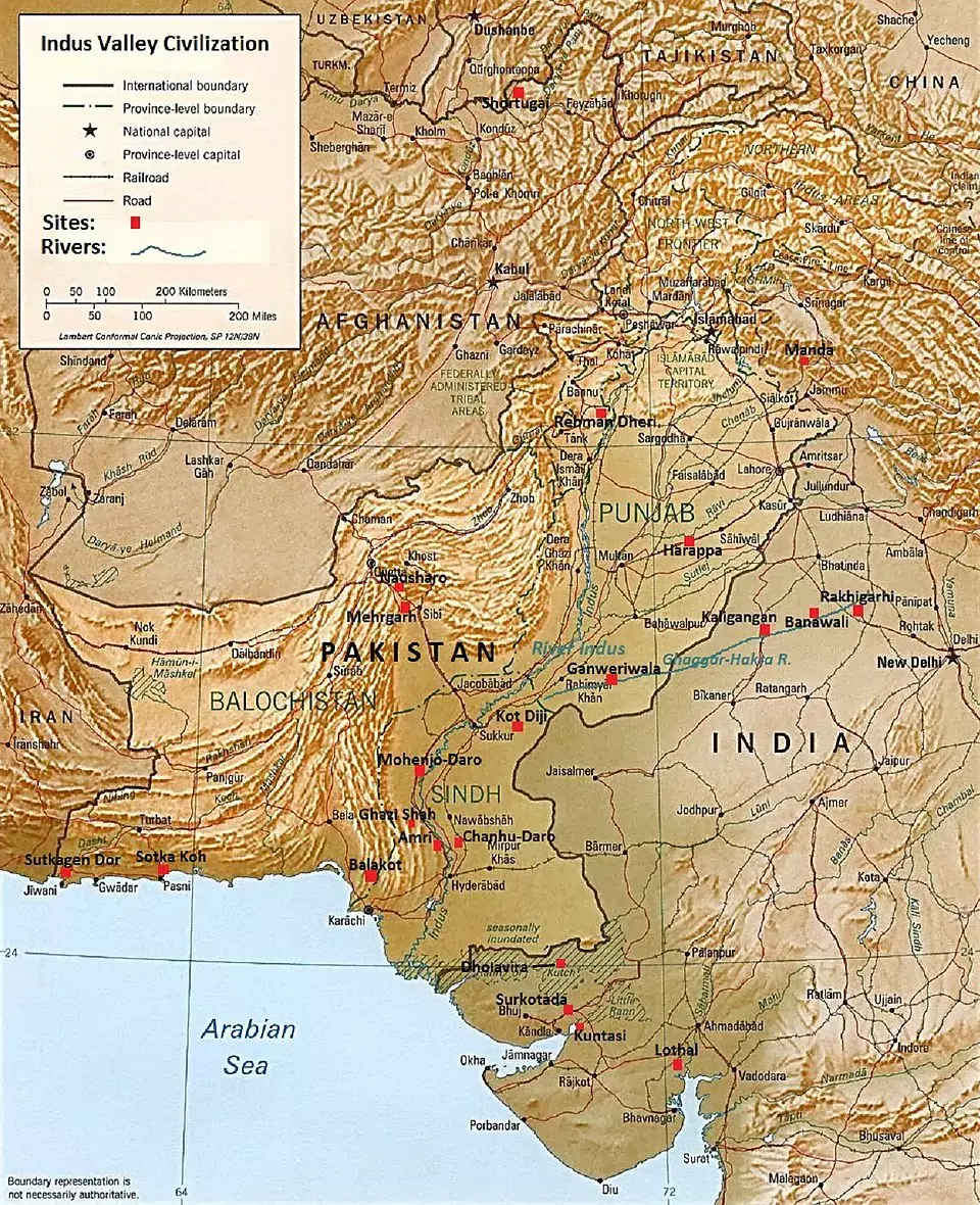 The major sites of the Indus Valley Civilization from 2600–1900 BCE in Pakistan, India, and Afghanistan
