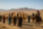 Merchants and camels traveling the Silk Road under Mongol protection.