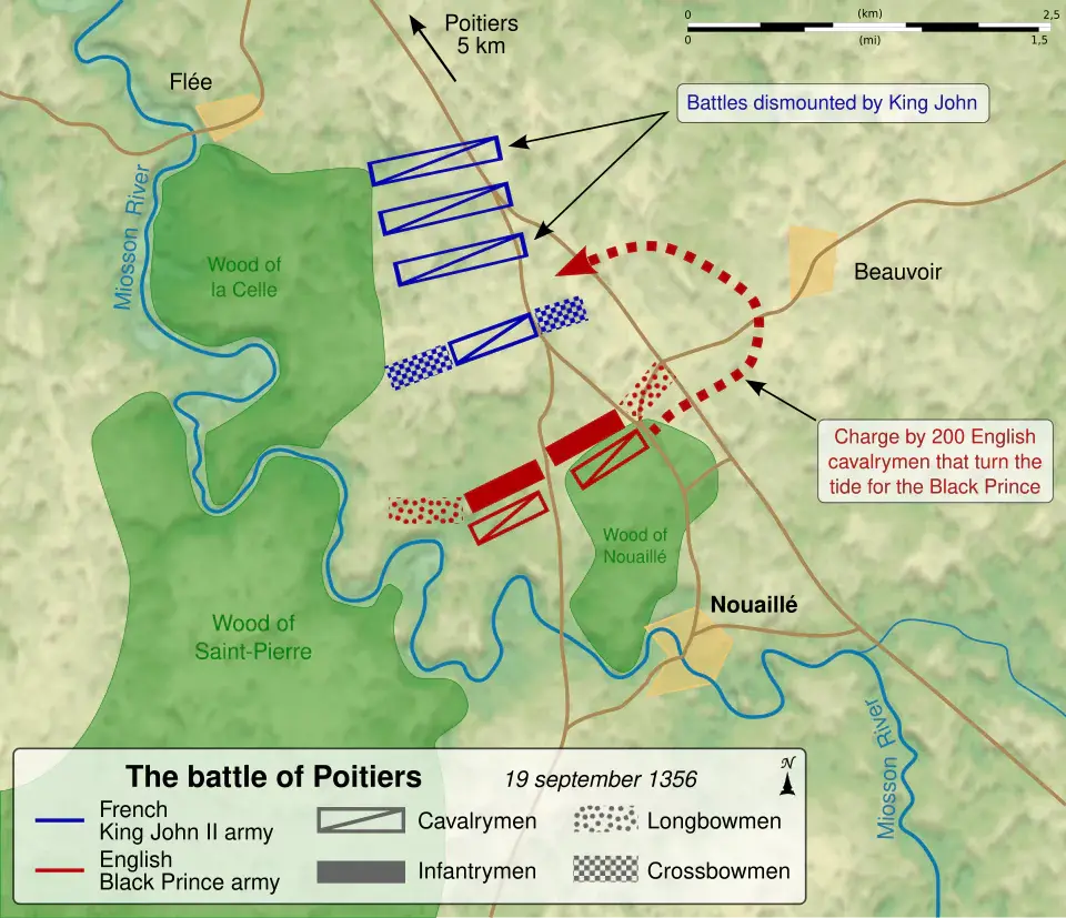 Map of the Battle of Poitiers (1356), between the French army of King John II and the English army of the Black Prince.