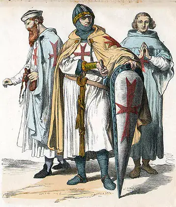Drawing representing 3 Templars (brother-servant, brother-knight, and brother-priest), with a red cross drawn on their clothes. One also wears a helmet and a long shield with a red cross.