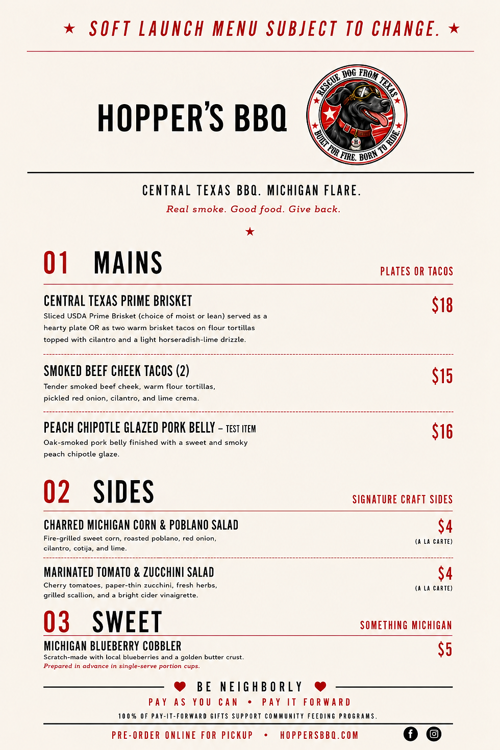 Updated soft launch menu image for Hopper's BBQ with correct apostrophe in the title, portrait layout, light background, red and black text.