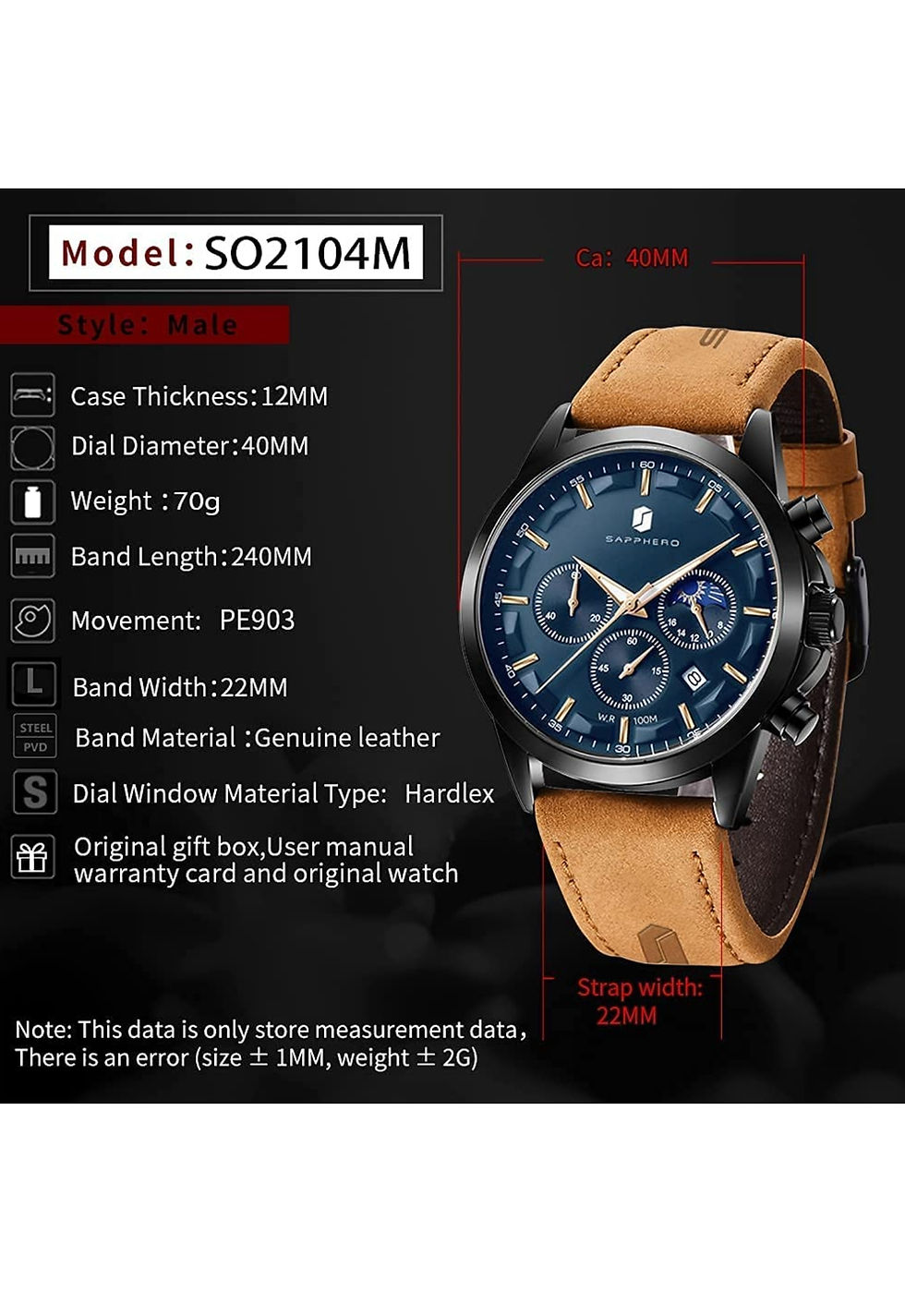 Miniature : Montres SAPPHERO pour Homme 100M Étanche Chronographe Montre pour Homme 10ATM 