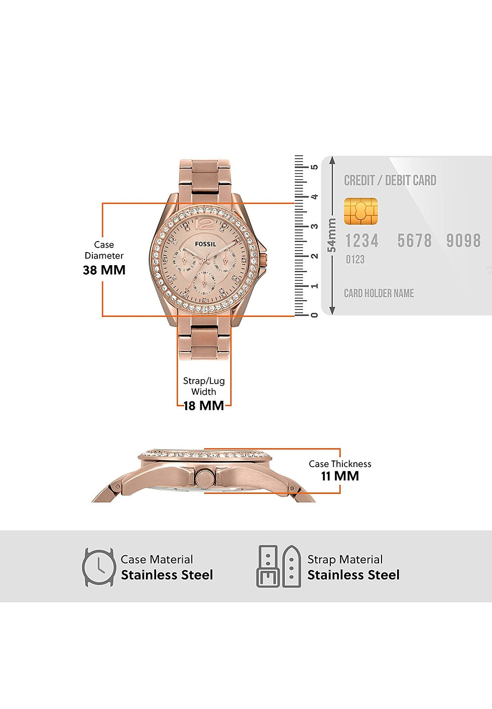 Miniature : Montre Fossil Riley quartz rose or en acier inoxydable avec cristaux pour femmes