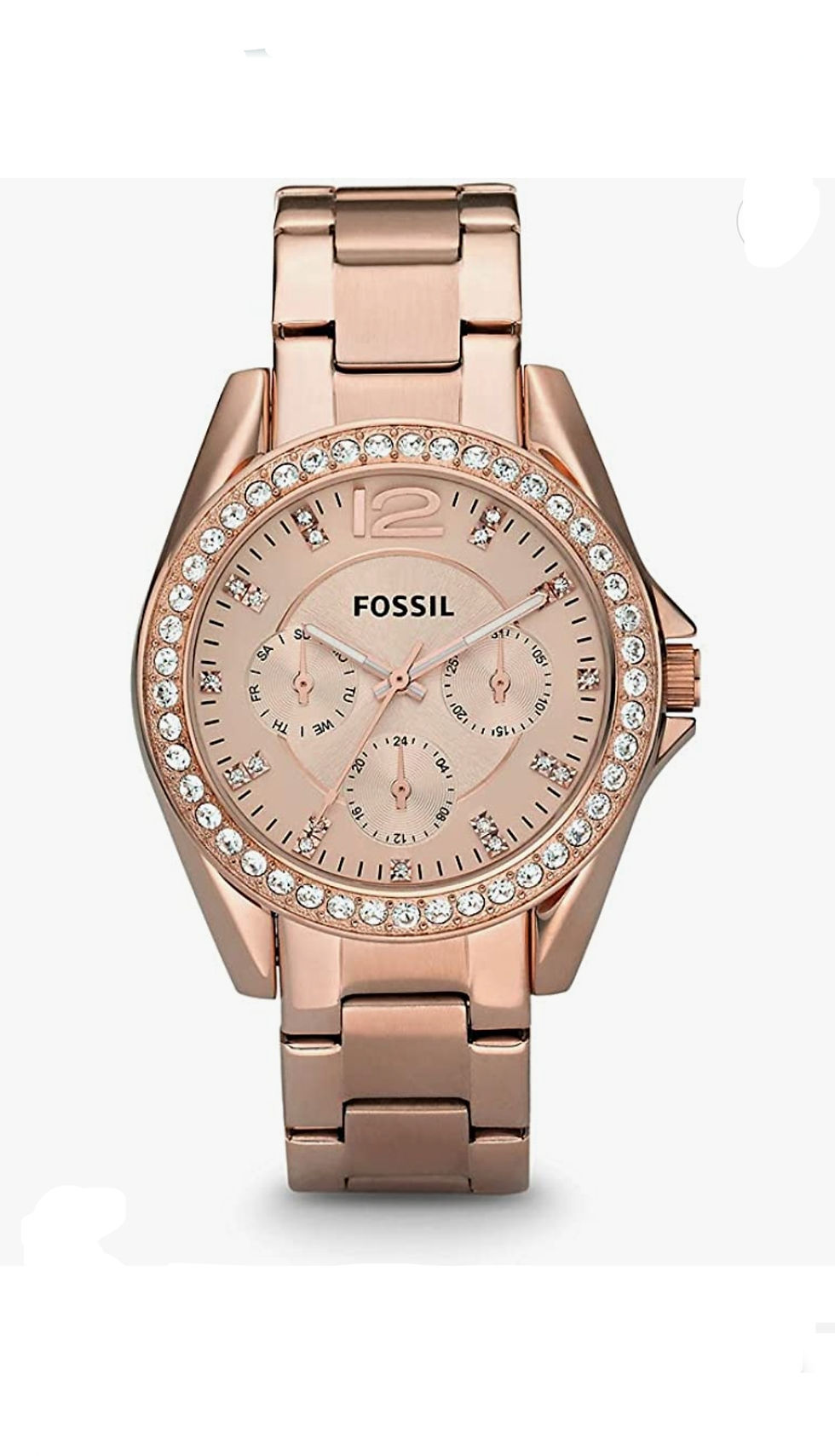 Montre Fossil Riley quartz rose or en acier inoxydable avec cristaux pour femmes