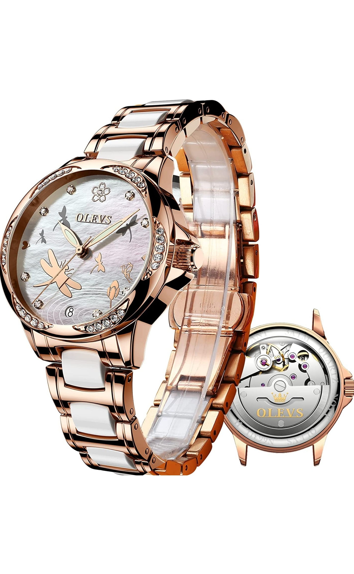 Montres automatiques à remontage automatique pour femme or rose en céramique 