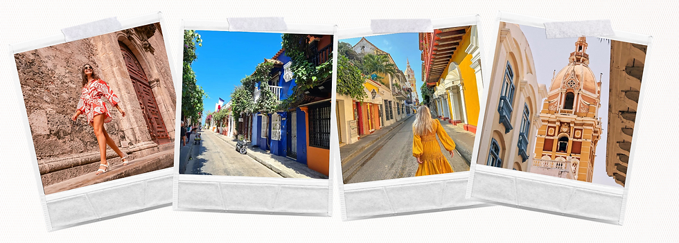 Vista panorámica del centro histórico de Cartagena de Indias con balcones coloniales, murallas y el mar Caribe al atardecer.