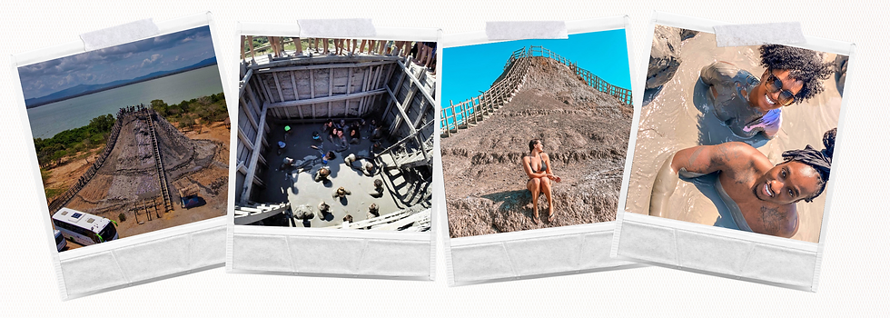 Turistas disfrutando del baño de lodo terapéutico en el cráter del Volcán del Totumo en Cartagena, rodeados de naturaleza tropical.