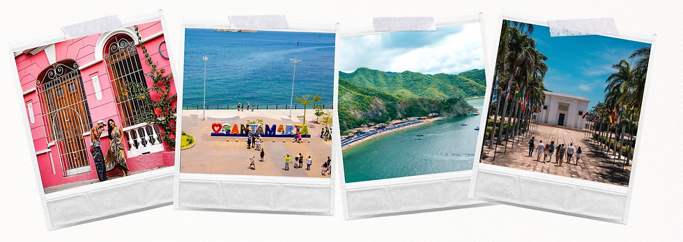 Vista panorámica de Santa Marta desde la Sierra Nevada, con playas, mar Caribe y palmeras al atardecer.