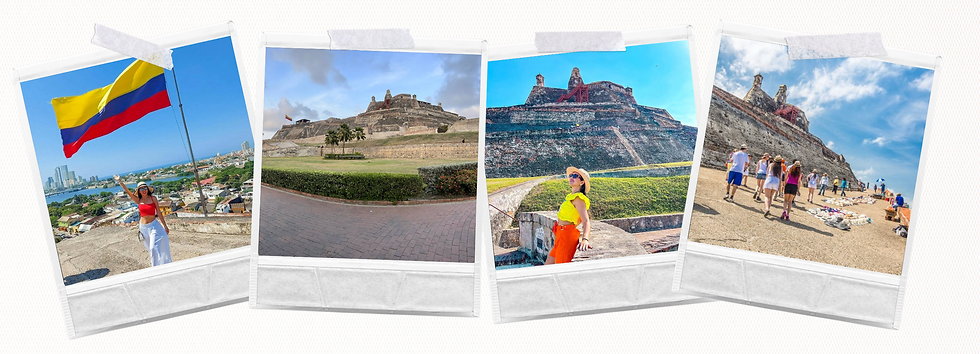Vista del Castillo de San Felipe de Barajas al atardecer en Cartagena de Indias, con sus murallas iluminadas y el cerro San Lázaro de fondo.