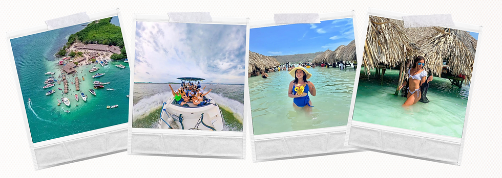 Grupo de jóvenes disfrutando de una fiesta náutica en Isla Cholón con el mar turquesa de fondo