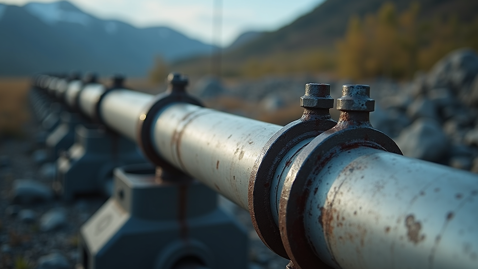 Close-up view of steel pipeline with cathodic protection anode attached